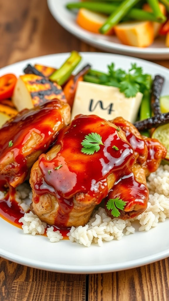 Savory barbecue chicken thighs on a plate, garnished with parsley, served with grilled vegetables.